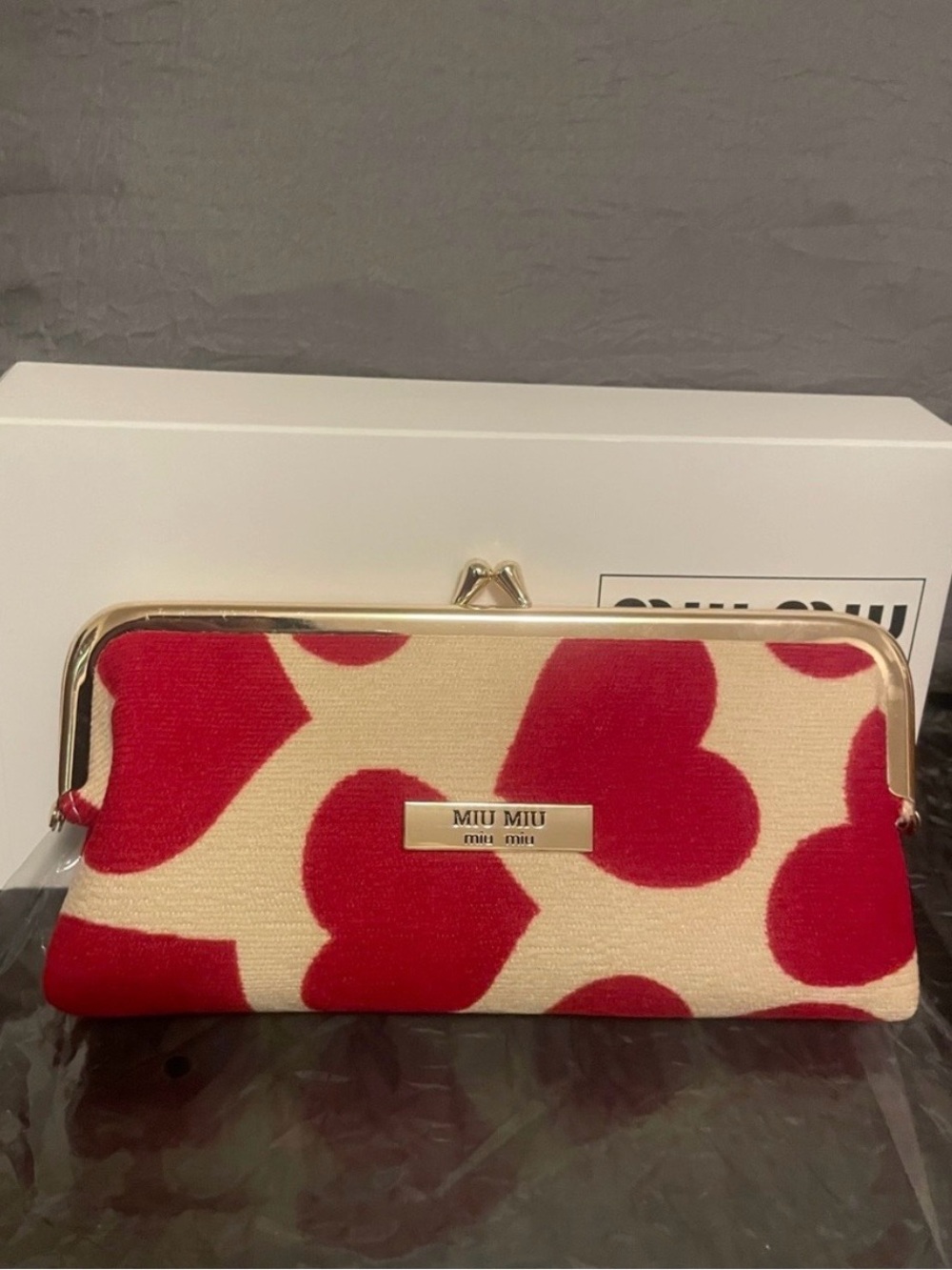 Miu Miu Red & Cream Heart Motif Kiss-Lock Clutch